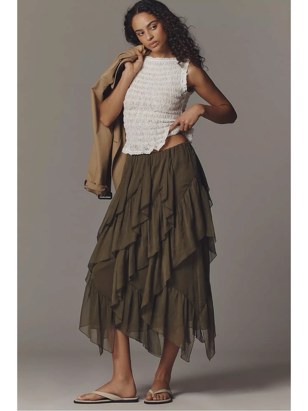 Anthropologie Mare Mare Layered Ruffle Midi Skirt Moss Green Size XL NWT
